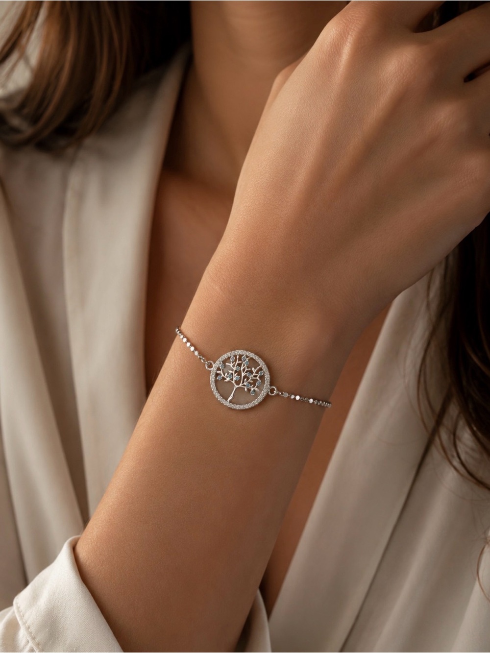 NEW!! 14k White Gold Plated Tree of Life Bracelet - fully adjustable